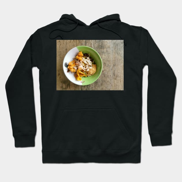 Thai street food. Asian yellow egg noodle with chicken and shrimp. Hoodie by Nalidsa